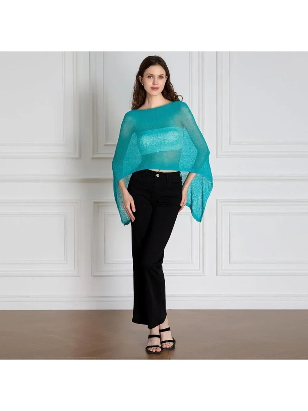 Women's Blue Sheer Poncho Top Knit Crochet Lightweight See Through Shawl